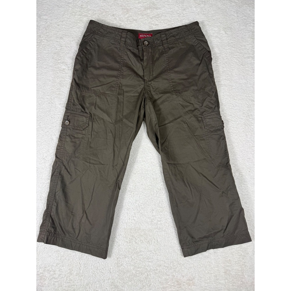 Merona Cargo Capris Women 32 Olive Brown Y2K Utility Multi Pocket Hiking Pants